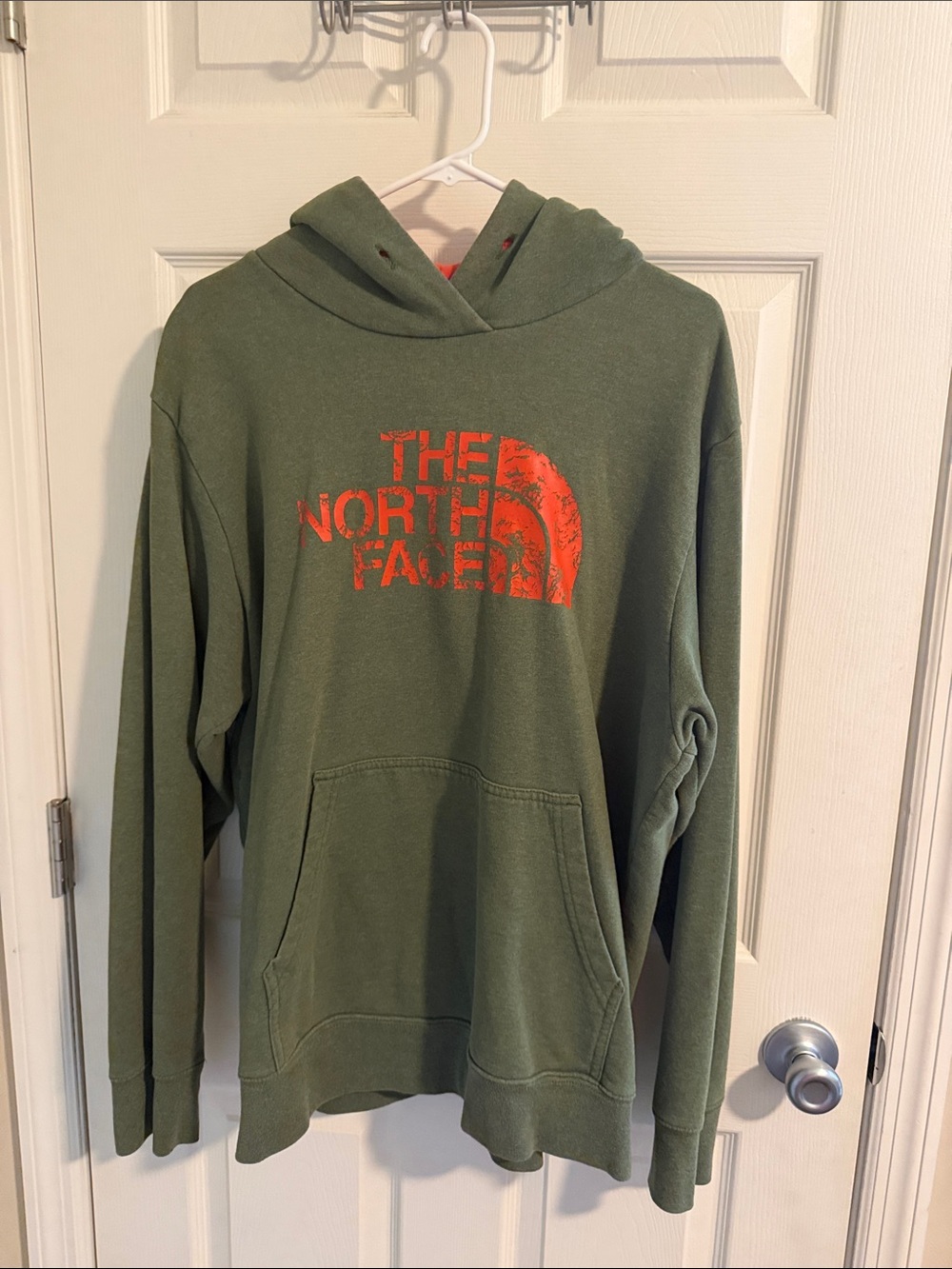 The North Face Olive Green Zip-Up Hoodie with Orange Logo
